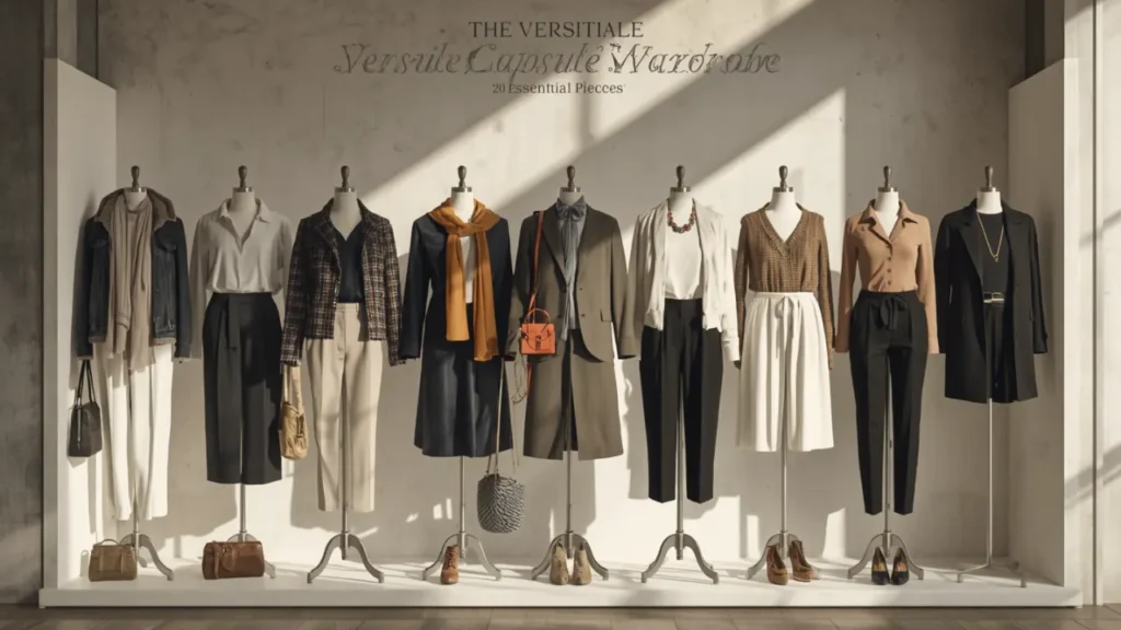 A Pinterest pin graphic titled "THE VERSATILE Capsule Wardrobe: 20 Essential Pieces" set in a sunlit boutique display. The image shows nine dress mannequins styled in chic, neutral women's fashion essentials. Outfits feature tailored blazers, plaid jackets, trench coats, silk blouses, knit sweaters, pleated skirts, and dark trousers in black, cream, tan, olive, and navy. Accessories include leather handbags, mustard scarves, and ankle boots. An ideal visual guide for building a Capsule Wardrobe.