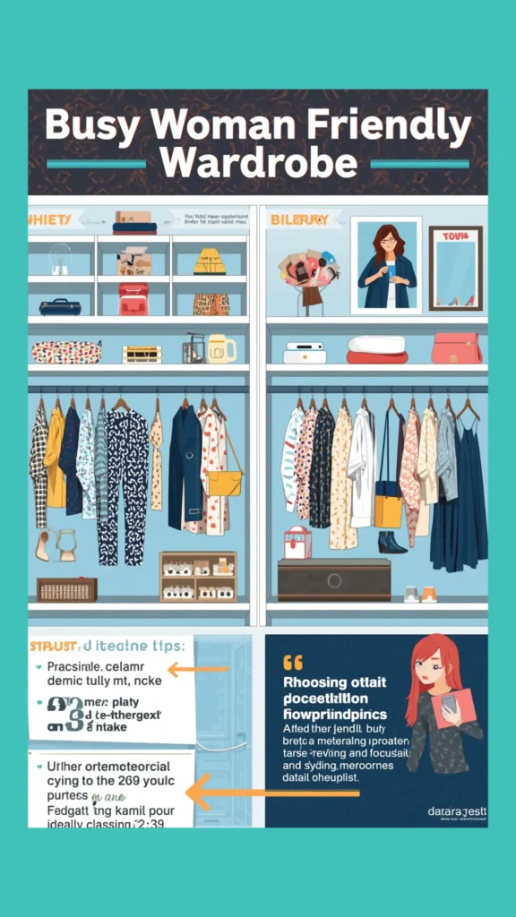 An informative infographic pin titled "Busy Woman Friendly Wardrobe" outlining smart organization tips for a practical women's fashion Capsule Wardrobe. The top graphic illustrates two organized open closet systems filled with colorful dresses, jackets, patterned pants, hanging tops, shoes, and handbags. The bottom section includes actionable styling tips and an illustration of a woman with a notebook. An ideal visual guide for stress-free outfit planning and closet organization.