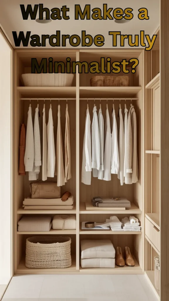 A Pinterest pin graphic titled "What Makes a Wardrobe Truly Minimalist?" set over a beautifully organized light wood closet filled with neutral women's fashion staples for a Capsule Wardrobe. Features neatly hung white and beige button-down shirts, sweaters, folded knits, woven storage baskets, and classic tan leather loafers arranged on clean wooden shelves. An ideal visual guide for minimalist closet organization, aesthetic wardrobe planning, decluttering tips, and timeless style.
