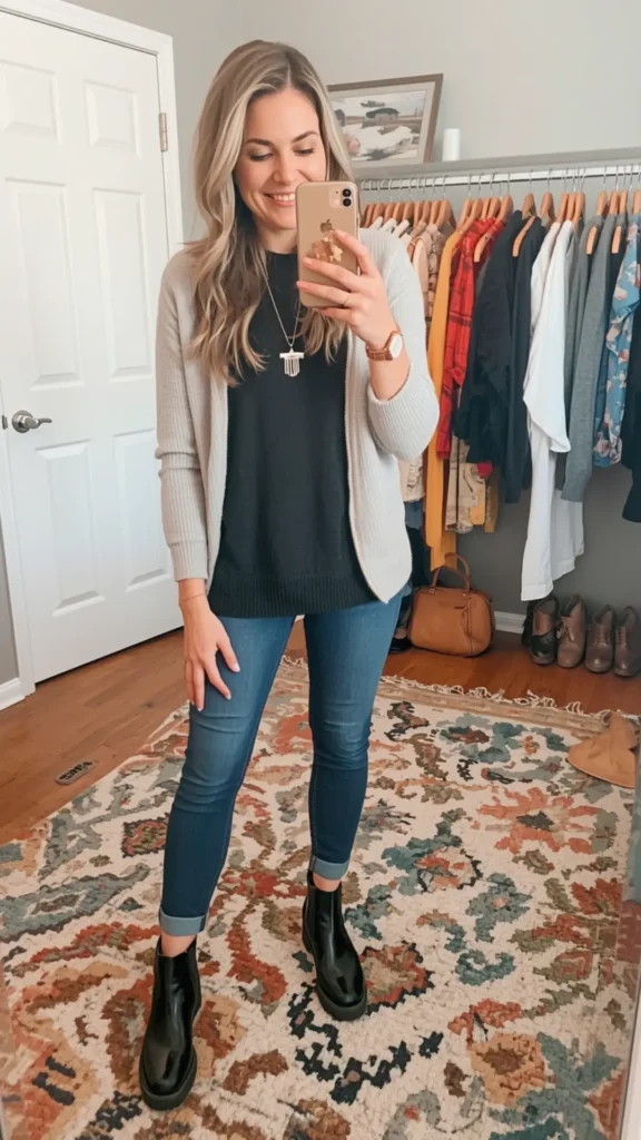 A Pinterest pin featuring a mirror selfie of a blonde woman styling an everyday casual outfit for a women's fashion Capsule Wardrobe. She wears a cozy light grey cardigan over a black top, fitted blue jeans rolled at the ankle, and glossy black leather ankle boots. In the background, a neatly organized open clothing rack filled with hanging neutral and seasonal clothes highlights a streamlined closet layout. An ideal visual guide for simple, effortless daily layering formulas.