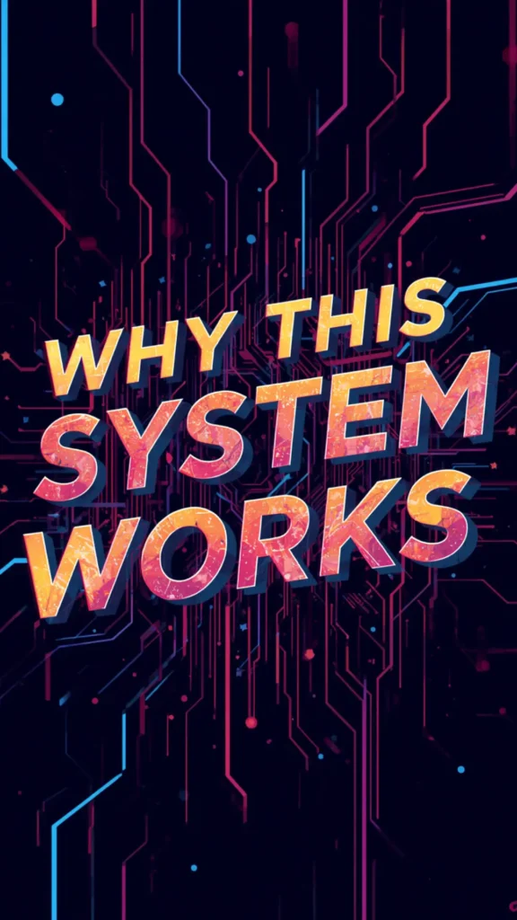 A vibrant Pinterest pin graphic featuring glowing neon circuit board lines in magenta, cyan, and dark purple against a black background. Bold 3D textured typography in a yellow, orange, and pink gradient reads "WHY THIS SYSTEM WORKS". Designed as an eye-catching title slide explaining the benefits and strategy behind building a women's fashion Capsule Wardrobe system. An ideal visual guide for minimalist style planning, closet organization strategies, and creating timeless outfit formulas.