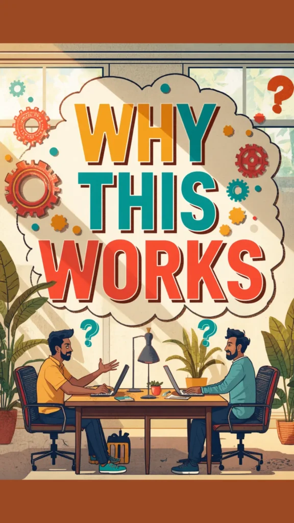A colorful vector illustration graphic featuring a large thought cloud with bold colorful text reading "WHY THIS WORKS" surrounded by gears and question marks. Below, two men sit at a wooden desk working on laptops in a bright room filled with potted plants. Designed as an educational title slide breaking down the logic, efficiency, and benefits behind a women's fashion Capsule Wardrobe system. An ideal visual guide for closet organization strategies and smart outfit formulas.