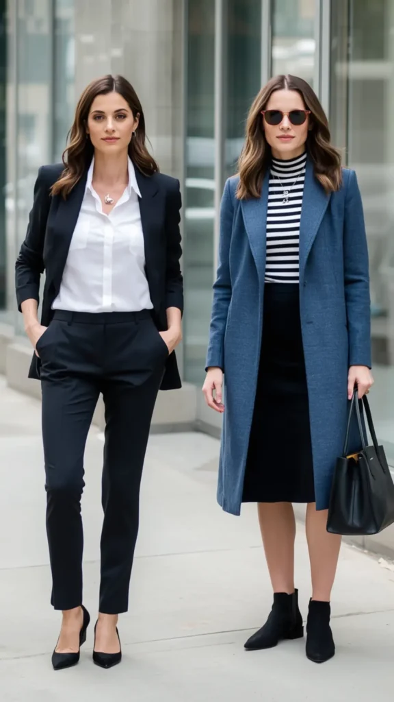 Two stylish women walking outdoors in sophisticated workwear inspiration for a women's fashion Capsule Wardrobe. On the left, a woman wears a tailored black pantsuit over a classic white button-down shirt paired with pointed black pumps. On the right, a woman wears a long dusty blue coat layered over a black and white striped turtleneck, a sleek black skirt, black ankle boots, and holds a black tote bag. An ideal visual guide for chic office outfits and professional business casual style.