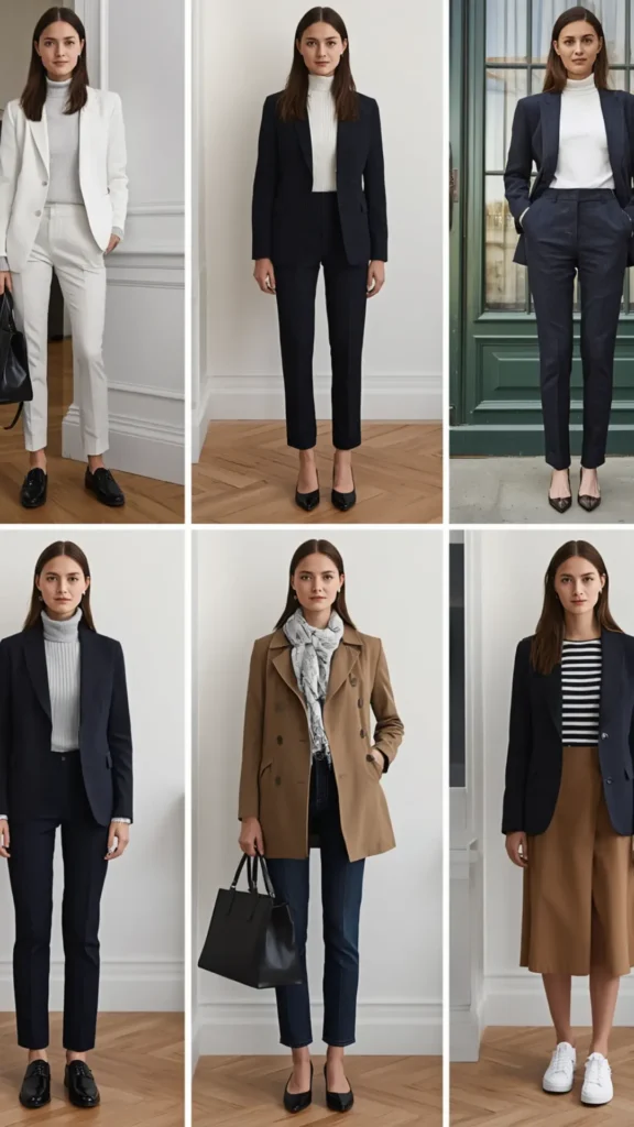 A six-panel grid collage showcasing chic professional workwear and smart casual outfit formulas for a women's fashion Capsule Wardrobe. Features a model styling timeless tailored staples: sharp white and dark navy trouser suits, ribbed turtlenecks, a classic tan trench jacket with a patterned scarf, and a navy blazer paired with a striped shirt, camel midi skirt, and white sneakers. Accessorized with black pumps, loafers, and tote bags. An ideal visual guide for versatile workwear looks.