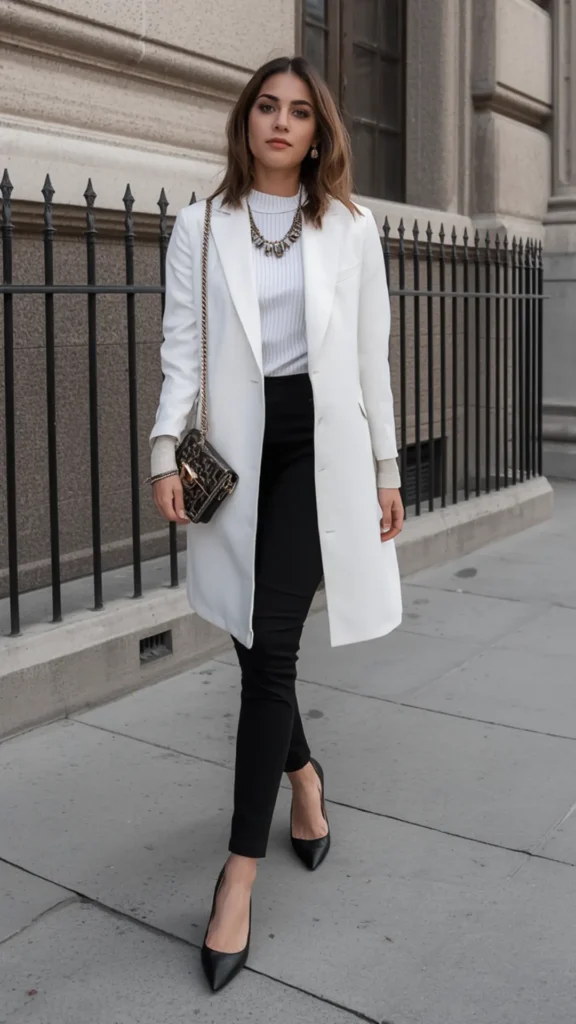 A stylish woman walking on a city sidewalk wearing a polished, professional outfit for a women's fashion Capsule Wardrobe. She wears a long tailored white coat layered over a white ribbed high-neck top, accessorized with a bold statement necklace, slim black trousers, black pointed-toe pumps, and a luxury chain handbag. Set against an elegant stone building backdrop, this look serves as an ideal visual guide for chic workwear, executive office outfits, and monochrome style.