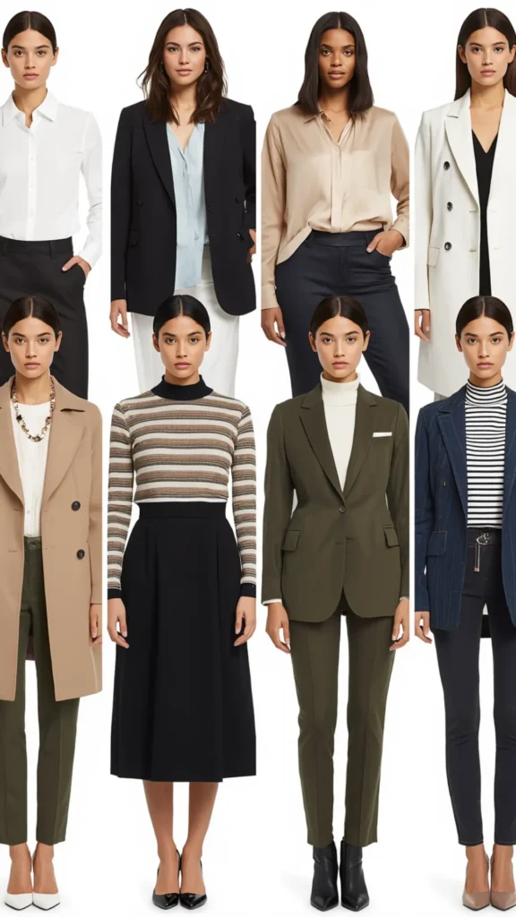 A grid collage showcasing eight polished, professional outfits for a women's fashion Capsule Wardrobe. Top row features tailored office staples including a white button-down, black blazer with blue blouse, champagne silk shirt, and a long white double-breasted coat. Bottom row highlights layered workwear: a camel trench coat over olive pants, a striped turtleneck with a black midi skirt, an olive green suit, and a navy pinstripe blazer. An ideal visual guide for corporate fashion and chic work outfits.