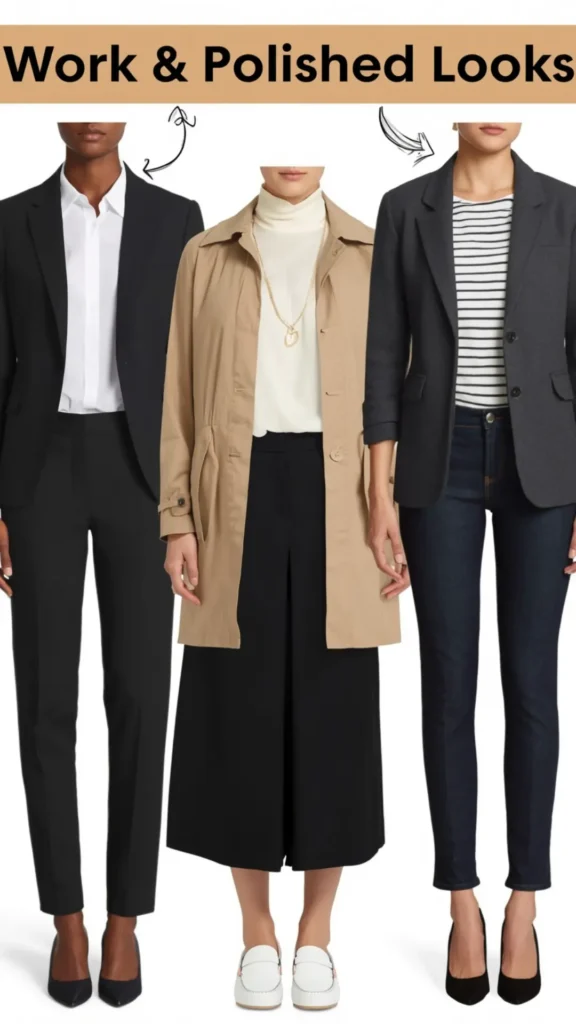 A Pinterest pin titled "Work & Polished Looks" displaying three professional outfit ideas for a women's fashion Capsule Wardrobe. The graphics feature tailored workwear staples: a classic black pantsuit with a crisp white shirt and pumps; a camel trench coat over a cream turtleneck, wide-leg trousers, and white loafers; and a charcoal blazer paired with a striped shirt, dark denim jeans, and black heels. An ideal visual guide for chic workwear inspiration, office attire, and professional styling.