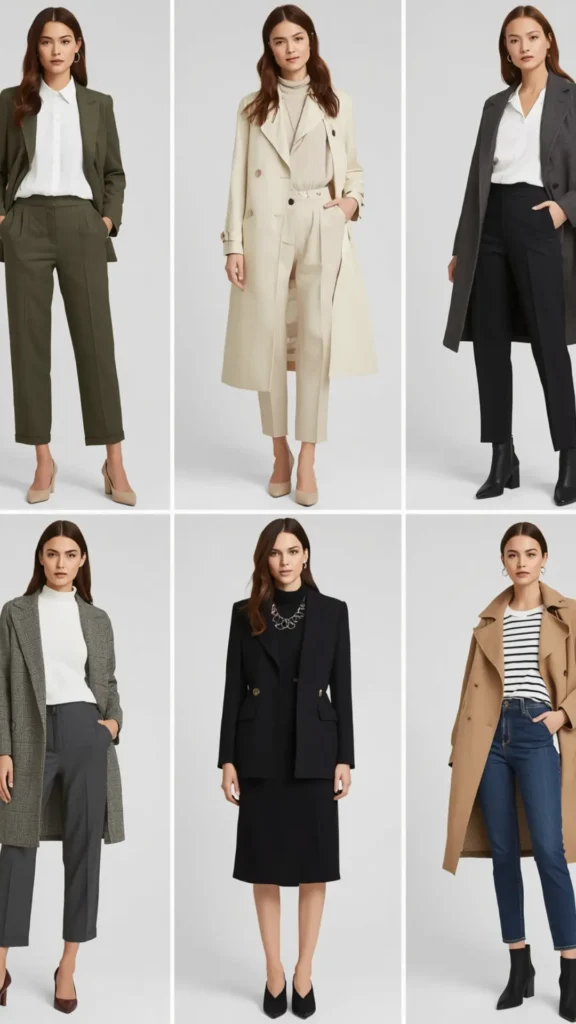 A six-panel photo collage showcasing polished, professional outfit ideas for a women's fashion Capsule Wardrobe. Styles feature tailored workwear and chic coats: an olive green pantsuit with beige heels; a cream trench coat over beige trousers; a charcoal coat with black slacks; a grey plaid coat over a white turtleneck; a sleek black blazer suit set; and a classic camel coat layered over a striped tee and jeans with black boots. An ideal visual guide for elegant workwear and minimalist closet planning.