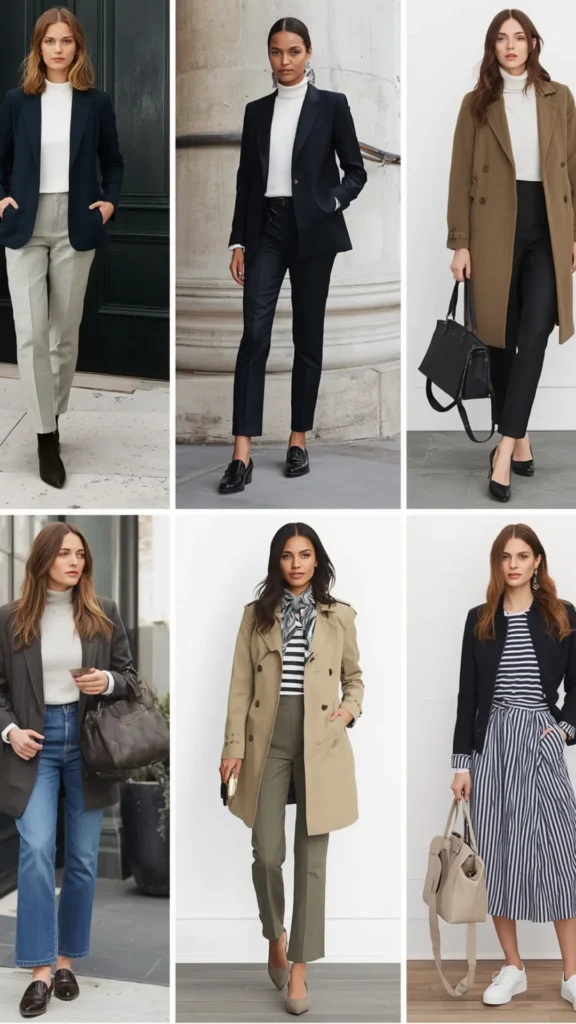 A six-panel grid collage demonstrating sophisticated workwear and chic everyday outfit formulas for a women's fashion Capsule Wardrobe. Features models styling timeless tailored pieces: sharp blazers, classic beige trench coats, crisp white turtlenecks, tailored trousers, dark wash denim, striped tops, and midi skirts. Accessorized with black loafers, pumps, white sneakers, and structured tote bags. An ideal visual guide for professional, minimalist, and versatile outfit inspiration.