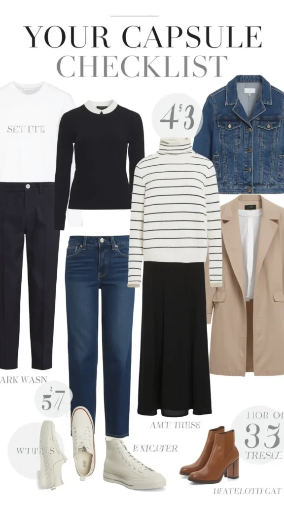 A Pinterest pin graphic titled "YOUR CAPSULE CHECKLIST" displaying essential clothing items for a women's fashion Capsule Wardrobe. Set on a white background, the flat-lay layout features key wardrobe staples: a white tee, black collared top, striped turtleneck sweater, blue denim jacket, camel coat, dark trousers, straight-leg jeans, black midi skirt, white sneakers, and tan leather ankle boots. An ideal visual checklist for minimalist closet planning, versatile outfit layering, and everyday style.
