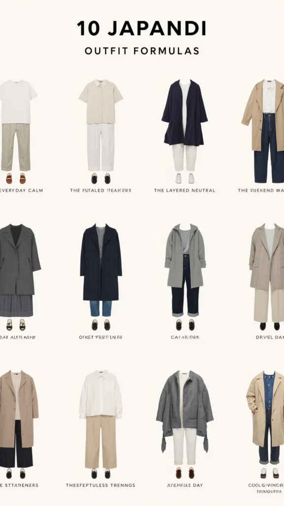 Pinterest infographic layout titled "10 Japandi Outfit Formulas" displaying a structured grid of neutral outfit combinations for a women's fashion Capsule Wardrobe. Features curated mix-and-match sets including linen shirts, trench coats, dark blue denim, beige trousers, long grey cardigans, and leather loafers or slides. Ideal visual reference for Japandi fashion inspiration, minimalist layering ideas, organic earth-tone styling, and building a timeless wardrobe.   