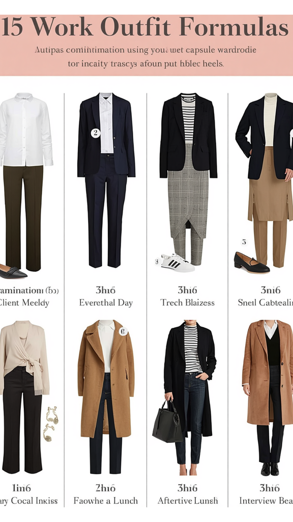 Infographic layout titled "15 Work Outfit Formulas" showing structured outfit combinations for a professional women's fashion Capsule Wardrobe. Features versatile office look pairings including navy pant suits, camel wool coats, black blazers, striped tops, crisp white button-downs, dark denim, and tailored trousers. Ideal visual reference for quiet luxury workwear, Scandinavian office outfits, corporate styling formulas, and building an efficient workplace closet collection.   