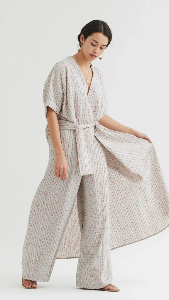 Full-length studio portrait of an Asian woman modeling an off-white textured linen wrap jumpsuit with subtle striped pattern detail for a women's fashion Capsule Wardrobe. Features wide-leg trousers, kimono sleeves, and a self-tie waist belt, paired with flat leather sandals and gold jewelry. Ideal visual reference for Japandi style principles, serene organic resort wear, relaxed summer outfit formulas, and building a minimal closet collection.   