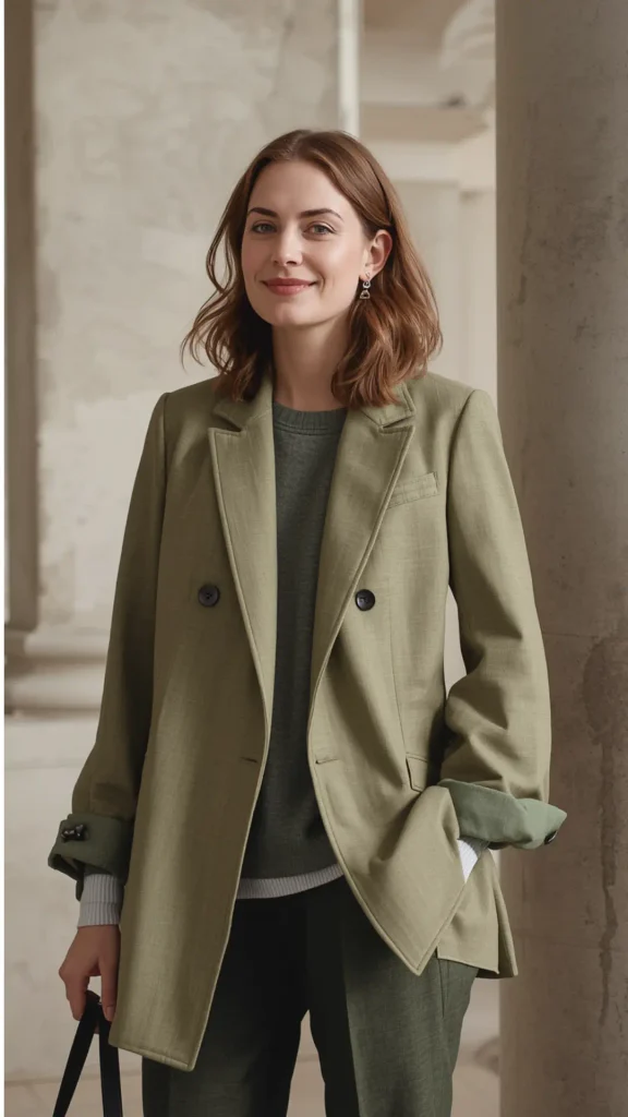 Three-quarter portrait of a smiling woman wearing an olive sage green double-breasted blazer layered over a dark green crewneck sweater and matching tailored trousers for a women's fashion Capsule Wardrobe. Styled with cuffed sleeves and subtle silver earrings against stone architectural pillars. Ideal visual reference for quiet luxury workwear, earth-tone suit layering, Scandinavian office aesthetic, and building a sophisticated professional closet collection.   