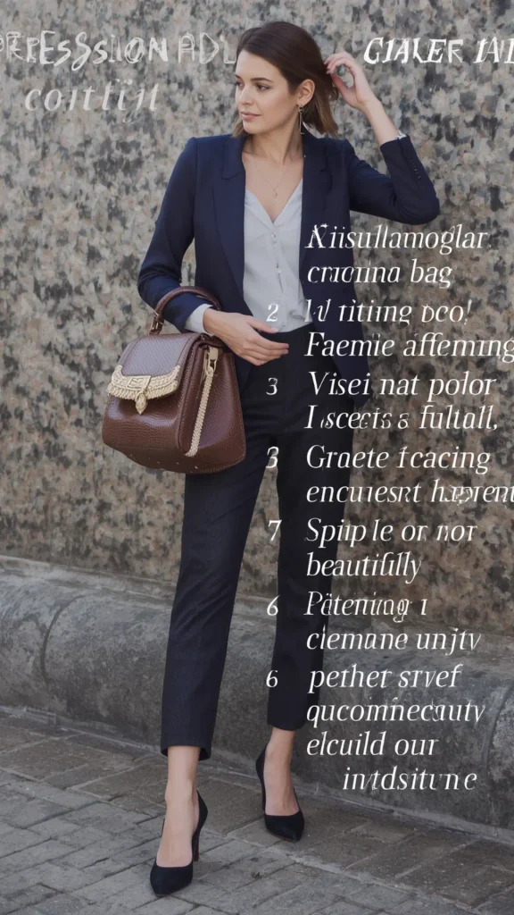 Full-length street style portrait of a professional woman wearing a dark navy blazer over a light V-neck blouse, dark cropped trousers, and black pointed pumps for a women's fashion Capsule Wardrobe. Accessorized with a structured brown textured leather handbag with gold accents. Ideal visual reference for quiet luxury workwear, corporate styling tips, Scandinavian tailoring, and building a polished office closet collection.   