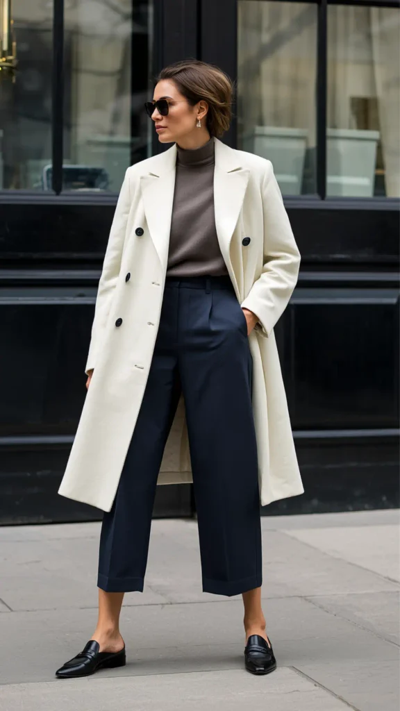 Full-body street style photo of a stylish woman in an off-white double-breasted coat, demonstrating chic layering for a women's fashion Capsule Wardrobe. Posing outdoors, she wears a taupe brown turtleneck sweater tucked into dark navy cropped wide-leg trousers, paired with black leather backless loafers and dark sunglasses. An ideal visual reference for quiet luxury outerwear, elevated city street style, neutral outfit formulas, and timeless closet essentials.