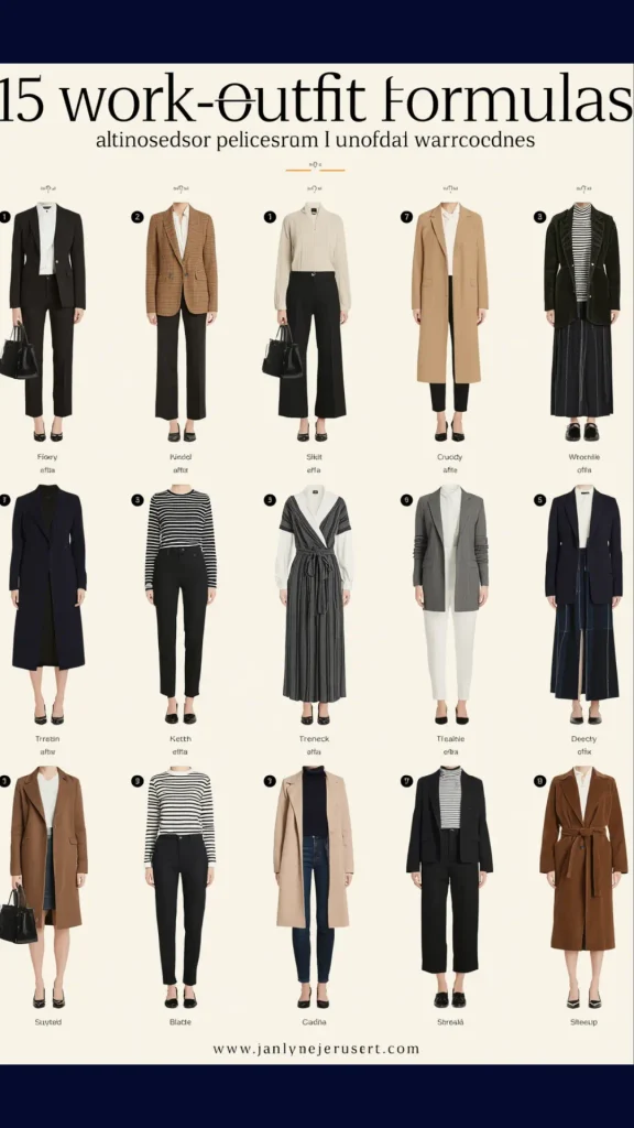Grid layout pin titled "The Structured Pieces" showcasing elegant workwear accessories and jackets for a women's fashion Capsule Wardrobe. Features a structured cognac brown leather tote bag, a grey plaid blazer styled with a geometric silk scarf, a dark navy blazer over a light blue shirt, and a dark floral printed silk scarf. Ideal visual guide for quiet luxury accessories, Old Money office attire, professional layering, and timeless wardrobe planning.   