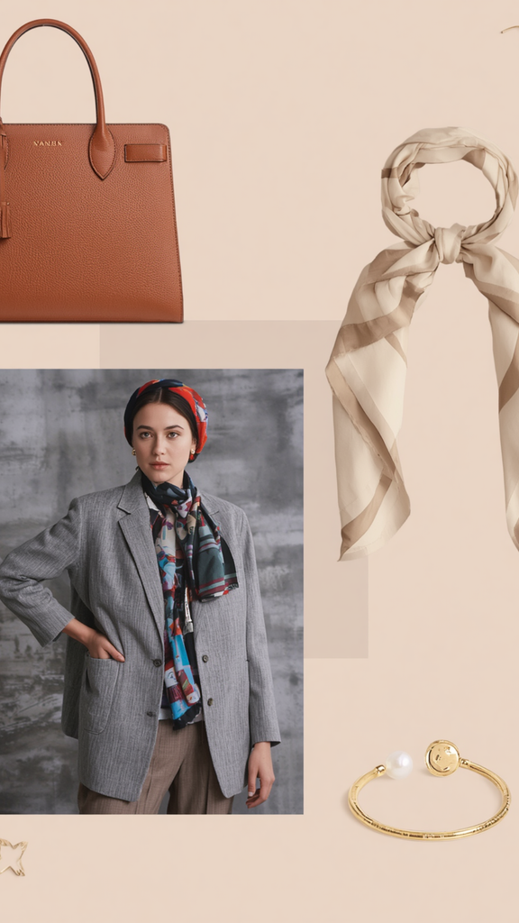 A stylish accessories layout featuring a structured cognac leather tote bag, a beige striped silk scarf, a gold pearl cuff bracelet, and an inset photo of a woman in a grey blazer with a printed scarf for a women's fashion Capsule Wardrobe. Arranged against a warm neutral background. Ideal visual reference for quiet luxury accessories, Old Money styling, elegant accent pieces, and building a versatile minimal closet collection.   