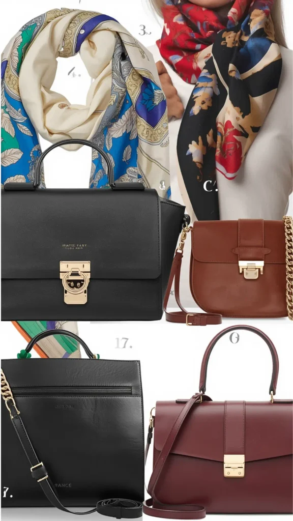 Product collage graphic displaying essential accessories for a women's fashion Capsule Wardrobe. Features structured leather handbags in classic black, cognac brown, and deep burgundy oxblood with gold hardware, paired with vibrant silk scarves in cream, royal blue, red, and gold prints. An ideal visual reference for styling timeless luxury purses, silk neck scarves, elevated handbag staples, and cohesive closet accessory coordination.