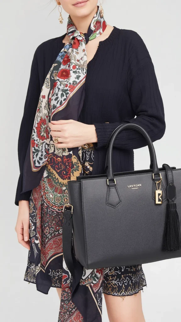Close-up fashion shot of a woman carrying a structured black leather tote bag with gold hardware, showcasing essential accessories for a women's fashion Capsule Wardrobe. She wears a dark navy ribbed cardigan over a printed paisley dress, accented by a colorful floral silk neck scarf and gold drop earrings. An ideal visual reference for styling statement accessories, chic workwear outfits, silk scarf layering, and timeless handbag staples.