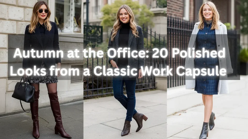 Three-panel autumn workwear collage titled "Autumn at the Office: 20 Polished Looks from a Classic Work Capsule" showcasing fall outfit ideas for a women's fashion Capsule Wardrobe. Features a blazer with maroon knee-high boots, a tweed jacket with a turtleneck and ankle boots, and a grey coat over a plaid dress. Ideal visual reference for quiet luxury fall office style, professional layering formulas, Scandinavian workwear, and seasonal closet planning.