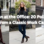 Three-panel autumn workwear collage titled "Autumn at the Office: 20 Polished Looks from a Classic Work Capsule" showcasing fall outfit ideas for a women's fashion Capsule Wardrobe. Features a blazer with maroon knee-high boots, a tweed jacket with a turtleneck and ankle boots, and a grey coat over a plaid dress. Ideal visual reference for quiet luxury fall office style, professional layering formulas, Scandinavian workwear, and seasonal closet planning.