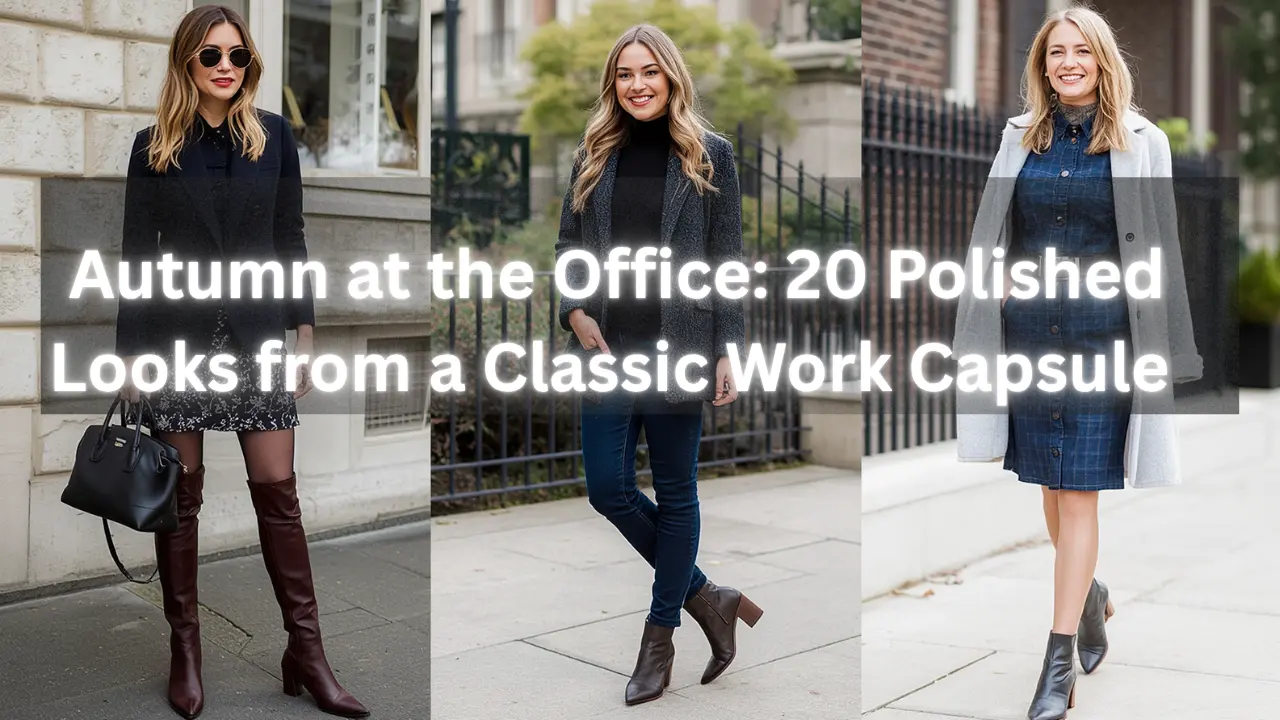 Three-panel autumn workwear collage titled "Autumn at the Office: 20 Polished Looks from a Classic Work Capsule" showcasing fall outfit ideas for a women's fashion Capsule Wardrobe. Features a blazer with maroon knee-high boots, a tweed jacket with a turtleneck and ankle boots, and a grey coat over a plaid dress. Ideal visual reference for quiet luxury fall office style, professional layering formulas, Scandinavian workwear, and seasonal closet planning.