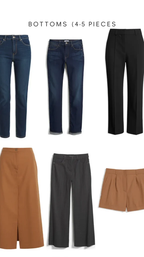 Minimalist product breakdown graphic titled "BOTTOMS (4-5 PIECES)" showcasing essential pants and skirts for a women's fashion Capsule Wardrobe. Set on a white background, the image features classic medium and dark wash blue denim jeans, tailored black trousers, a camel brown midi skirt with a front slit, dark grey wide-leg pants, and camel pleated shorts. Ideal visual guide for organizing versatile bottoms, chic workwear formulas, neutral outfit building, and timeless closet checklists.