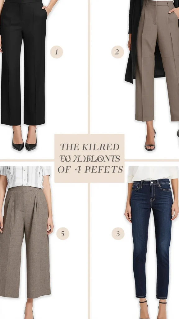 Four-grid layout pin showcasing four essential tailored pants for a women's fashion Capsule Wardrobe. Features ankle-length black dress trousers paired with pumps, taupe high-waisted slacks, textured grey-brown wide-leg pleated pants, and dark wash slim denim jeans. Ideal visual guide for office workwear styling, quiet luxury tailoring, Scandinavian minimalist trousers, and building a versatile bottom-wear closet collection.   