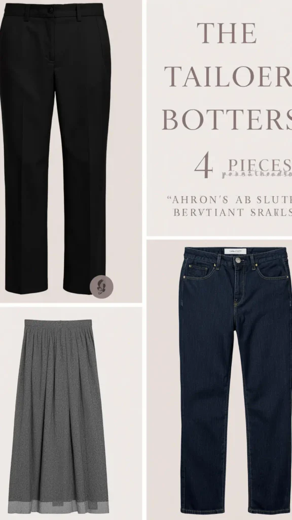 Grid layout pin titled "The Tailored Bottoms: 4 Pieces" showcasing essential pants and skirts for a women's fashion Capsule Wardrobe. Features classic straight-leg black tailored trousers, a pleated grey midi skirt, and dark wash indigo denim jeans. Ideal visual guide for quiet luxury workwear, Scandinavian office styling, smart-casual outfit formulas, and building a versatile bottom-half collection.