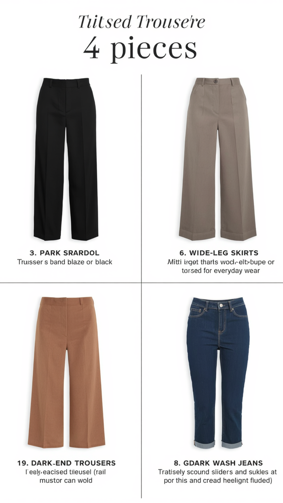 Four-grid layout pin displaying four essential tailored pants for a women's fashion Capsule Wardrobe. Features classic black wide-leg trousers, soft taupe high-waisted slacks, warm camel tailored pants, and cuffed dark wash blue jeans. Ideal visual guide for office workwear styling, Scandinavian minimalist trousers, quiet luxury tailoring, earth-tone outfit building, and building a versatile bottom-wear collection.   