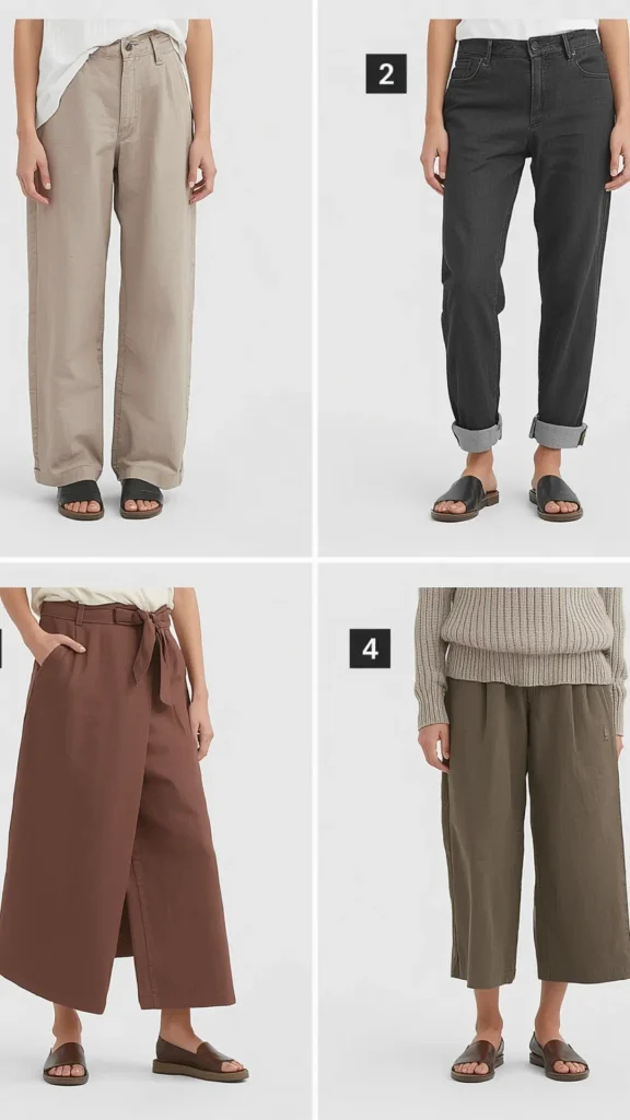 Four-grid collage pin showcasing four essential neutral pants for a women's fashion Capsule Wardrobe. Includes relaxed beige wide-leg trousers, cuffed washed black denim, tie-waist terracotta brown pants, and olive green cropped trousers styled with slides and loafers. Ideal visual guide for Japandi minimalist outfit formulas, versatile earth-tone bottoms, organic casual wear, and building a timeless minimal closet collection.   