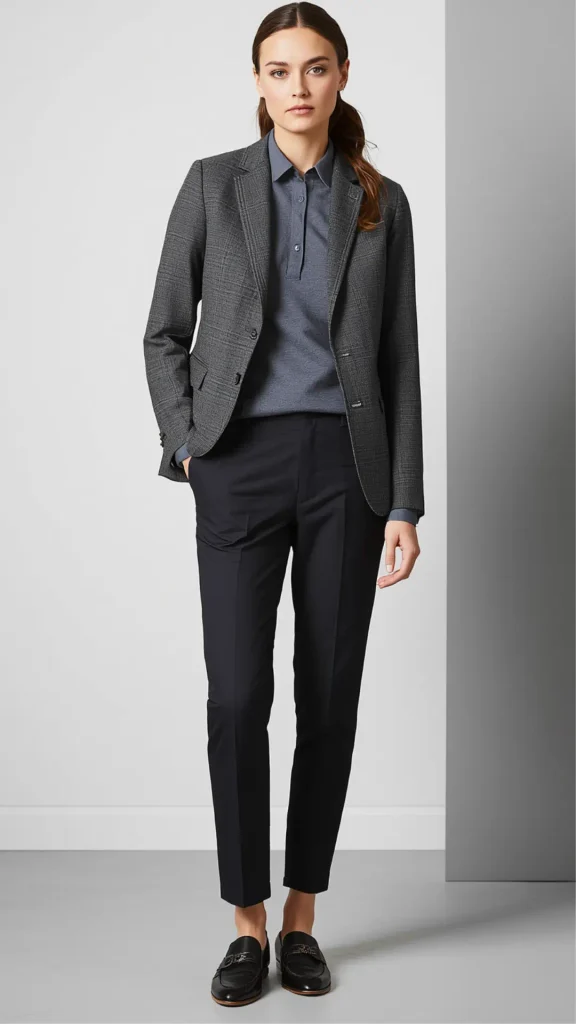 Full-length studio portrait of a woman wearing a tailored grey patterned blazer layered over a slate blue collared knit top and slim black dress trousers, showcasing professional workwear for a women's fashion Capsule Wardrobe. Styled with sleek black leather loafers against a neutral backdrop. An ideal visual reference for business casual outfit formulas, quiet luxury tailored suiting, office wardrobe staples, and chic minimalist closet organization.