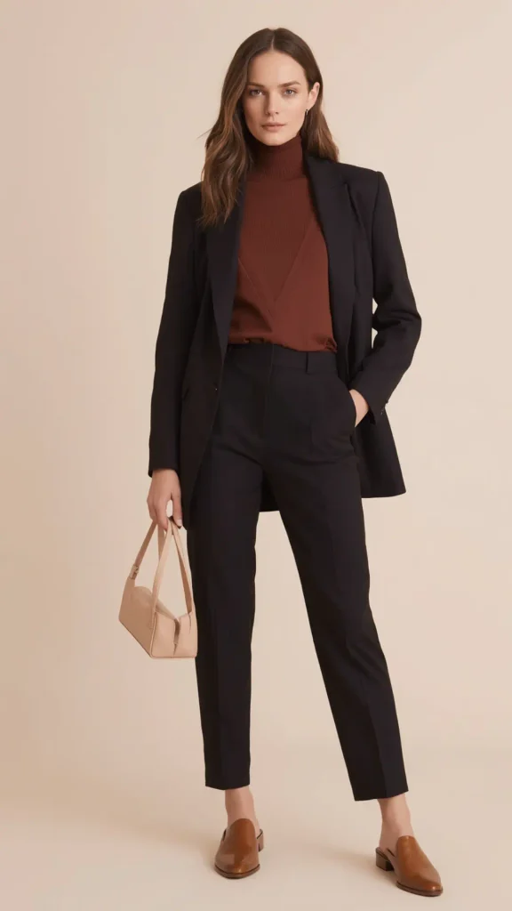 Full-length studio portrait of an elegant brunette woman wearing tailored high-waisted black trousers and a matching black blazer over a rich rust-brown turtleneck knit, serving as a sleek foundation for a women's fashion Capsule Wardrobe. Styled with cognac brown leather mules and a beige leather baguette bag against a warm neutral background. Ideal visual reference for quiet luxury workwear, Scandinavian minimalist autumn outfits, and sophisticated office tailoring formulas.