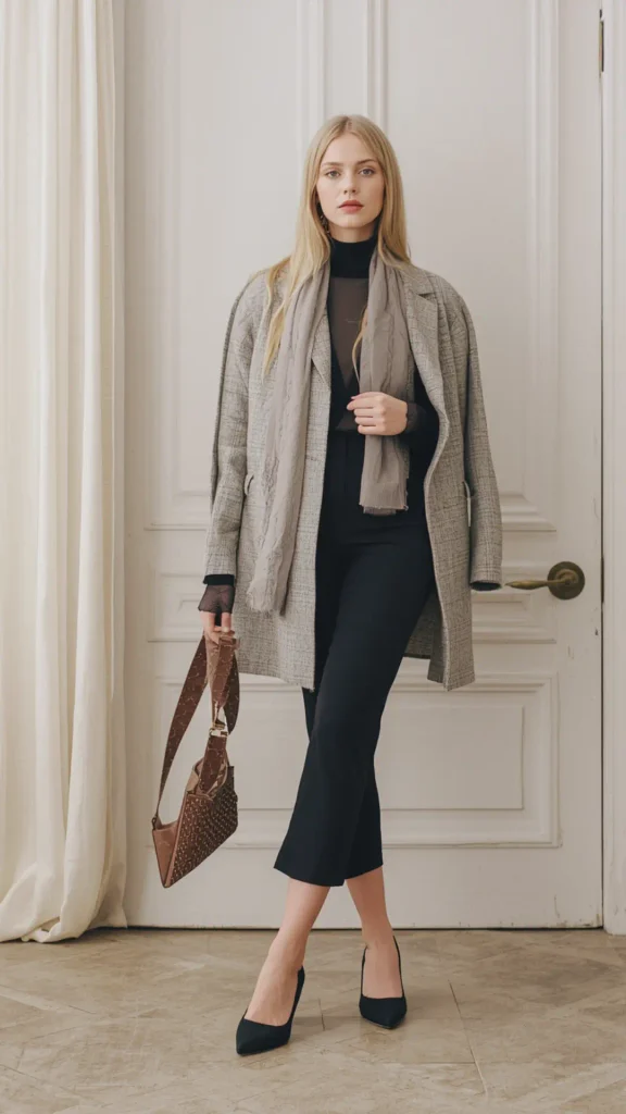 Full-length portrait of a blonde woman standing indoors wearing an oversized grey plaid coat over a black turtleneck top and tailored black trousers. Styled with a light grey scarf draped around her neck, black pointed heels, and a brown patterned shoulder handbag, set against a classic white door. An ideal visual reference for chic winter layering, sophisticated workwear outfit formulas, and timeless women's fashion Capsule Wardrobe staples.