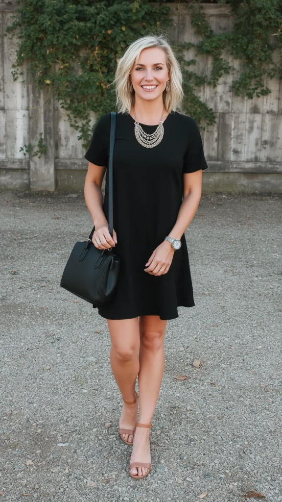 Full-body portrait of a smiling blonde woman wearing a short-sleeve little black dress, an essential dress staple for a women's fashion Capsule Wardrobe. Posing outdoors on a gravel path, she wears a black mini shift dress styled with a layered statement necklace, nude ankle-strap sandal heels, and a black leather handbag held over her shoulder. An ideal visual reference for day-to-night styling, easy summer dresses, chic casual workwear formulas, and timeless closet basics.