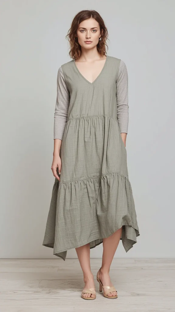 Full-length studio portrait of a woman wearing a sage green textured linen tiered midi dress layered over a grey long-sleeve top, serving as a versatile piece for a women's fashion Capsule Wardrobe. Styled with nude low-heeled sandals against a clean neutral studio backdrop. Ideal visual reference for Japandi style inspiration, effortless linen dress layering, organic earth-tone outfit formulas, and building a comfortable, minimal closet collection.   