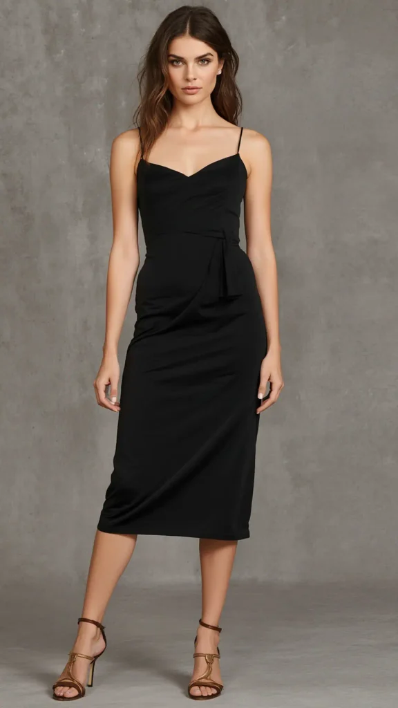 Full-length studio portrait of a brunette model wearing an elegant fitted black spaghetti-strap midi dress with a draped waist detail, representing an essential LBD piece for a women's fashion Capsule Wardrobe. Styled with metallic bronze strappy heels against a textured grey backdrop. Ideal visual reference for quiet luxury evening outfits, sophisticated cocktail dress formulas, date night styling, and building a versatile, timeless wardrobe collection.