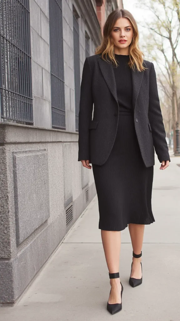 Full-body street style portrait of a woman walking in a city wearing a black ribbed high-neck knit midi dress paired with a tailored black blazer for a women's fashion Capsule Wardrobe. Styled with black pointed-toe ankle-strap pumps and a chic red lip, she exemplifies one-and-done elegance. Ideal visual reference for versatile dress layering, sophisticated workwear outfit formulas, all-black chic style, and timeless closet essentials.