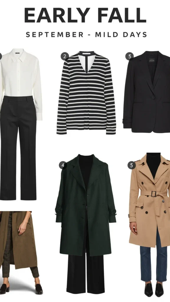 Graphic pin titled "EARLY FALL: SEPTEMBER - MILD DAYS" featuring transition wardrobe pieces for a women's fashion Capsule Wardrobe. Highlights essential transition outfits including a white blouse with black trousers, a black-and-white striped top, a classic black blazer, a forest green coat, and a belted beige trench with loafers. Ideal visual guide for quiet luxury early fall outfits, Scandinavian minimal layering, and seasonal workwear planning.