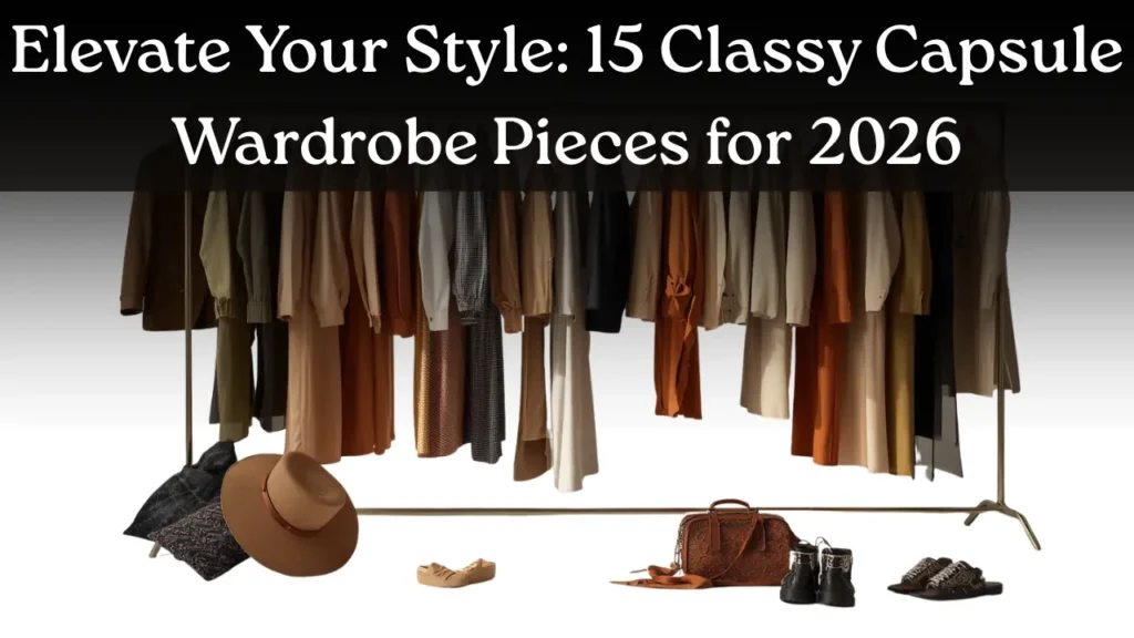 Pinterest pin graphic titled "Elevate Your Style: 15 Classy Capsule Wardrobe Pieces for 2026." A clothing rack filled with warm earth-toned dresses, blazers, and trench coats in shades of camel, rust, beige, and mustard. Styled below on the floor are a wide-brim tan hat, a cognac leather handbag, black ankle boots, nude flats, and slides against a white background. Ideal visual reference for quiet luxury closet organization, autumn color palettes, and a women's fashion Capsule Wardrobe.