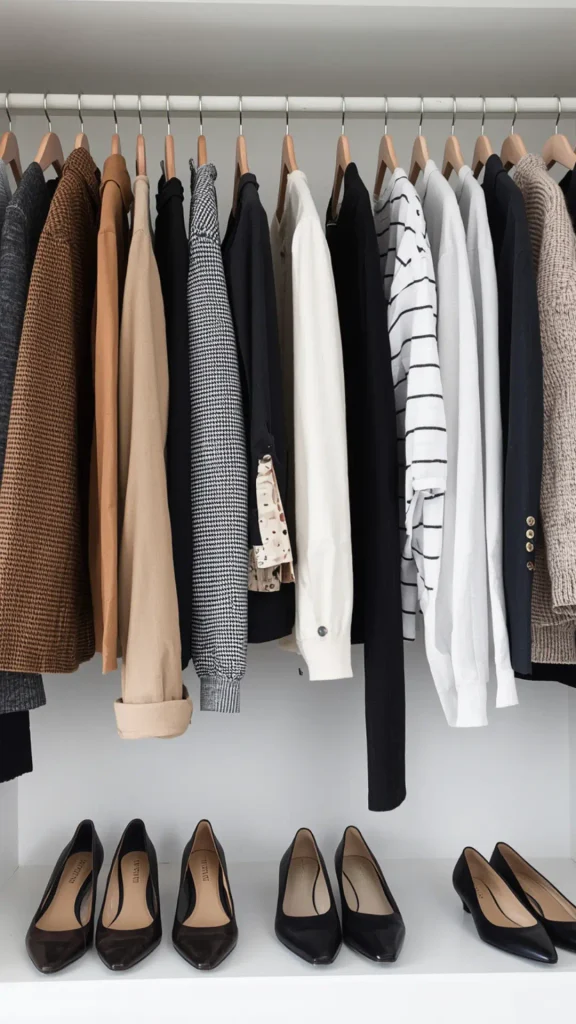 Neat white closet displaying a curated neutral clothing selection on wooden hangers for a women's fashion Capsule Wardrobe. Features textured brown blazers, tan coats, houndstooth knits, black jackets, white button-downs, and striped tops. Below, four pairs of classic black pointed-toe leather pumps line the shelf. Ideal visual reference for Scandinavian minimalist closet organization, quiet luxury workwear, timeless footwear, and minimal wardrobe planning.