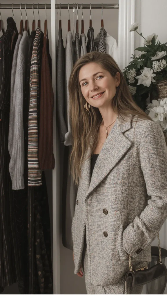 A smiling woman standing in front of an organized closet, demonstrating how to build a classy women's fashion Capsule Wardrobe. She wears a tailored grey textured tweed double-breasted blazer, gold drop earrings, and a dark shoulder bag with a gold chain. The background features a rail of neatly hung knits, jackets, and neutral garments. An ideal visual reference for quiet luxury style, closet organization, elegant fall outfit ideas, and timeless wardrobe planning.