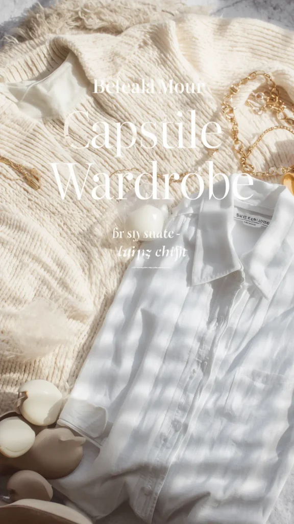 Aesthetic flat-lay image featuring neutral fashion staples for a women's fashion Capsule Wardrobe. Dappled sunlight illuminates a crisp white collared button-down shirt layered beside a cozy cream chunky knit cardigan, accented with delicate gold chain jewelry and neutral decor. White elegant text overlay reads "Capsule Wardrobe." An ideal visual reference for soft minimalist style, neutral clothing aesthetics, timeless shirt layering, and effortless daily outfit planning.