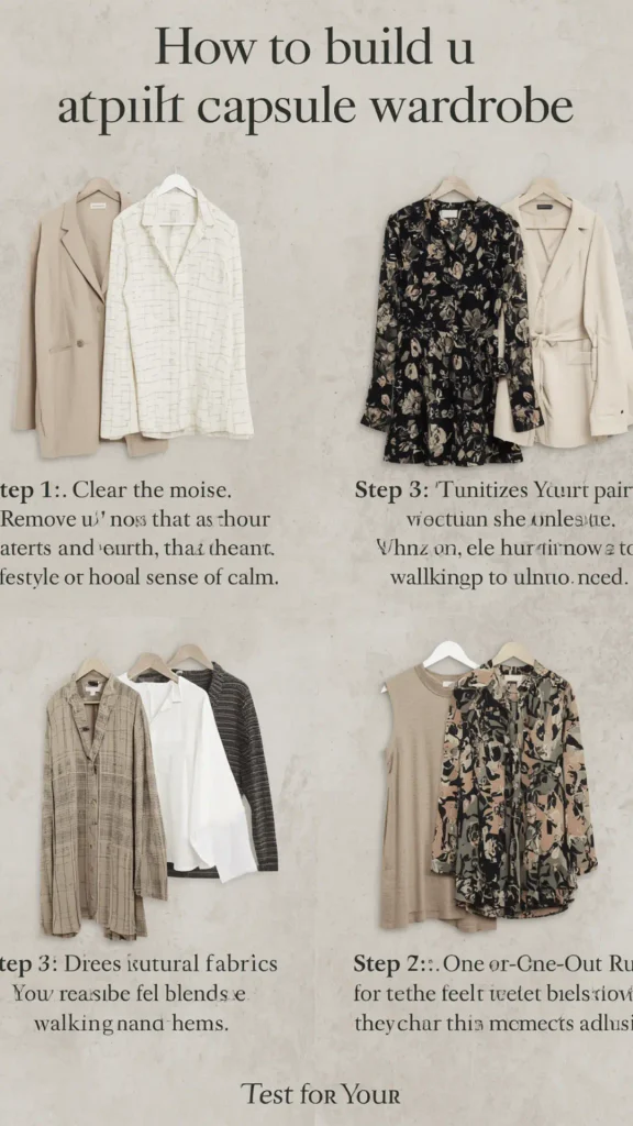 Four-grid guide graphic titled "How to Build Your Japandi Capsule Wardrobe" displaying curated outfits on hangers against a neutral plaster wall. Shows step-by-step instructions with key clothing items including a beige blazer, textured cream shirt, black floral dress, plaid linen tunic, crisp white blouse, and neutral tops. Ideal visual reference for Japandi style guides, minimalist outfit planning, natural fabric rules, and building a women's fashion Capsule Wardrobe.   