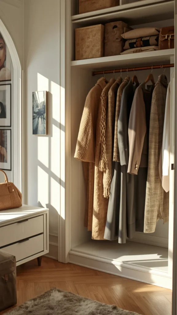 Aesthetic interior view of a built-in closet bathed in warm sunlight, showing a curated women's fashion Capsule Wardrobe. Neutral coats, structured grey blazers, beige knits, and a plaid trench hang neatly on wooden hangers beside woven storage boxes and folded sweaters. A brown leather handbag sits on a nearby white dresser. Ideal visual reference for old money aesthetic closet organization, quiet luxury outerwear storage, minimalist garment arrangement, and timeless closet planning.