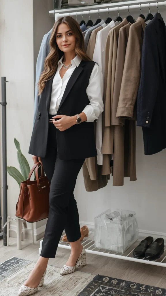 Full-length portrait of a woman in a black tailored vest over a crisp white shirt, black trousers, and patterned block heels beside a neutral clothing rail for a women's fashion Capsule Wardrobe. Accessorized with a cognac leather handbag. Ideal visual reference for quiet luxury workwear, professional layering formulas, Japandi closet organization, and building a polished office closet collection.   