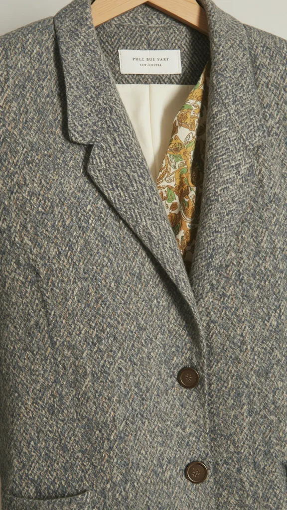 Close-up shot of a tailored tweed wool blazer on a wooden hanger, highlighting high-quality fabric craftsmanship for a women's fashion Capsule Wardrobe. Features a textured grey-blue herringbone weave, notch lapels, dark brown buttons, and a patterned inner lining. Ideal visual reference for quality garment inspection, vintage-inspired tailoring, quiet luxury blazers, sustainable apparel shopping, and building an enduring, minimal closet collection.