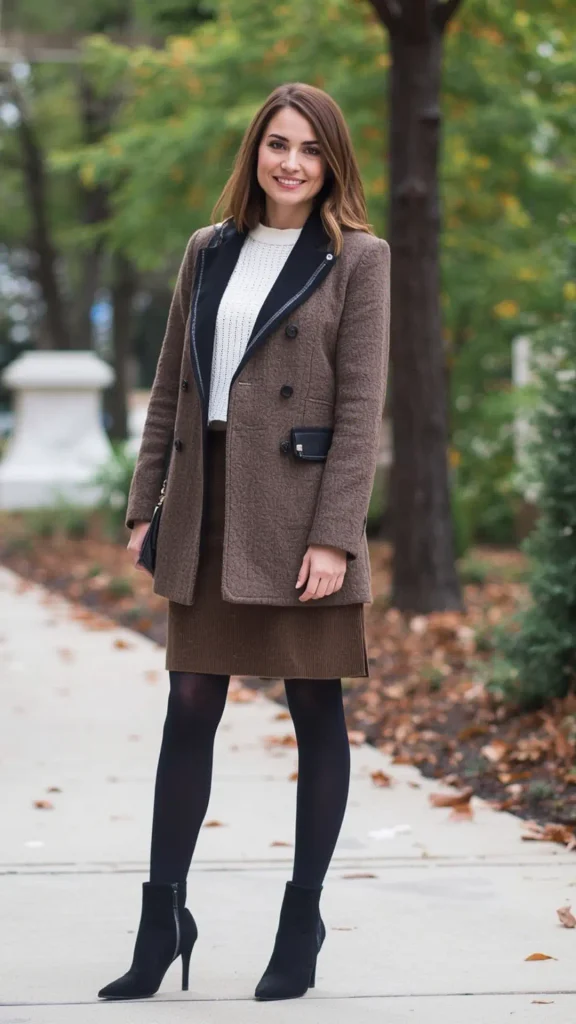 Full-length portrait of a smiling woman standing on an autumn sidewalk wearing a textured brown double-breasted wool jacket over a cream knit top and brown skirt for a women's fashion Capsule Wardrobe. Styled with opaque black tights and black pointed-toe heeled ankle boots. Ideal visual reference for transitional workwear formulas, quiet luxury fall outfit ideas, Scandinavian minimalist layering, and seasonal office closet planning.