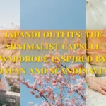 Three-panel Pinterest graphic titled "Japandi Outfits: The Minimalist Capsule Wardrobe Inspired by Japan and Scandinavia". Features a young woman in a blue floral kimono under cherry blossoms, sakura against a clear sky, and a detailed close-up of a pastel green kimono with a decorative obi belt. Ideal visual reference for Japandi style inspiration, East-meets-West minimalist fashion, serene color palettes, and a unique women's fashion Capsule Wardrobe.